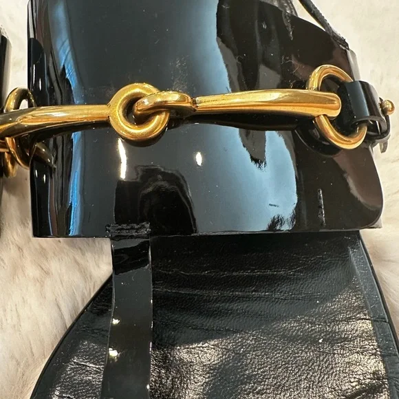 Gucci Glossy Black and Gold Sandals - Picture 2 of 4
